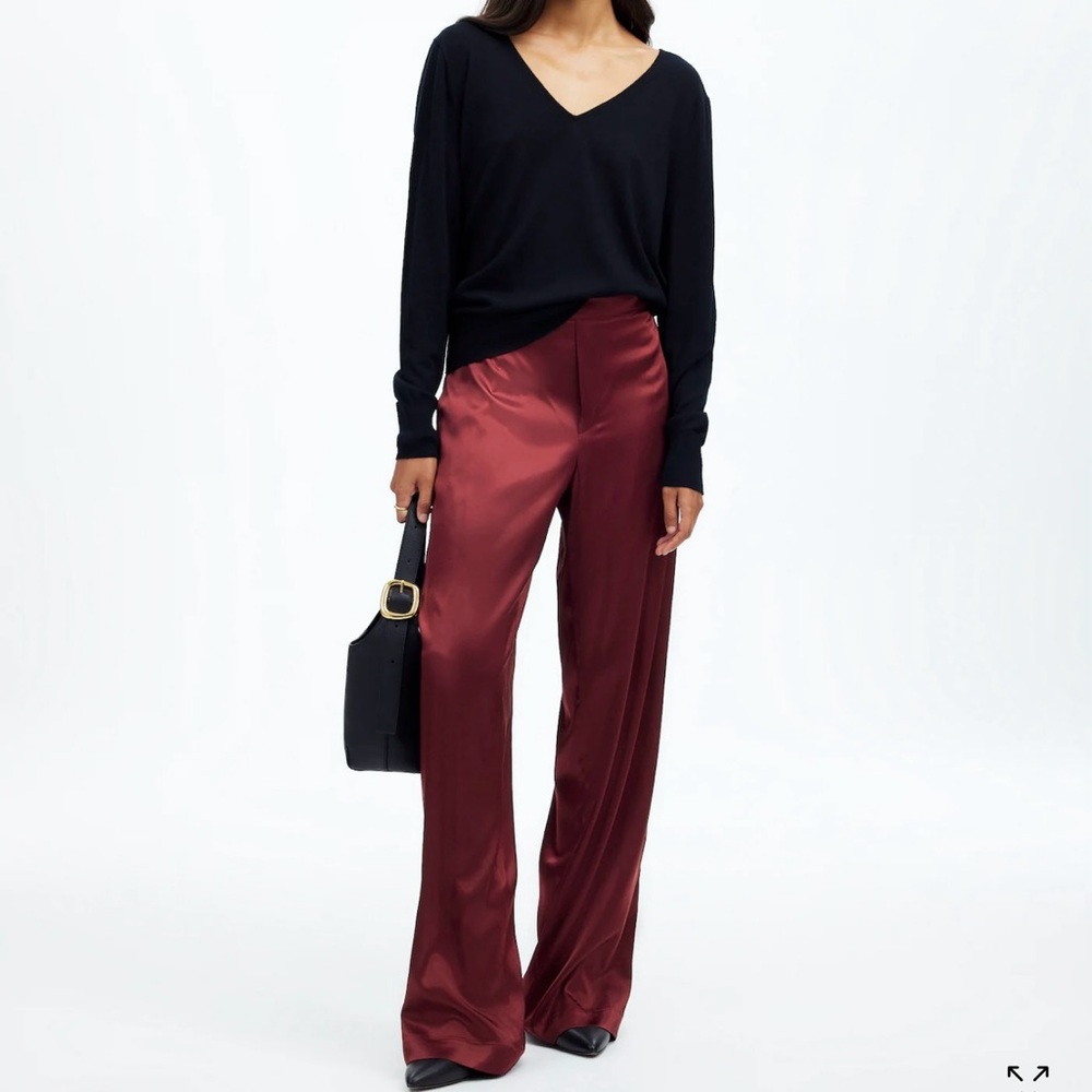 Burgundy Pull-On Straight Pants in Stretch Satin